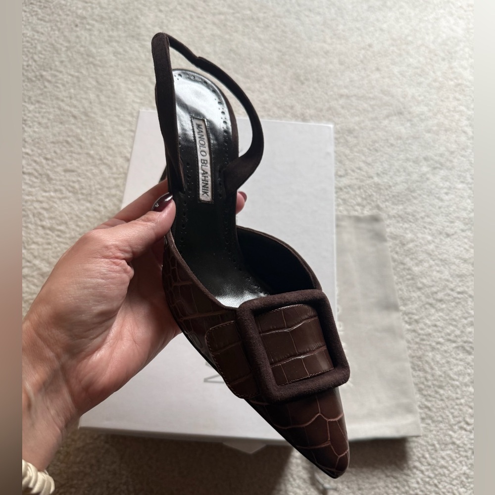 Manolo blahnik maysli brown croc and suede sling back size 39